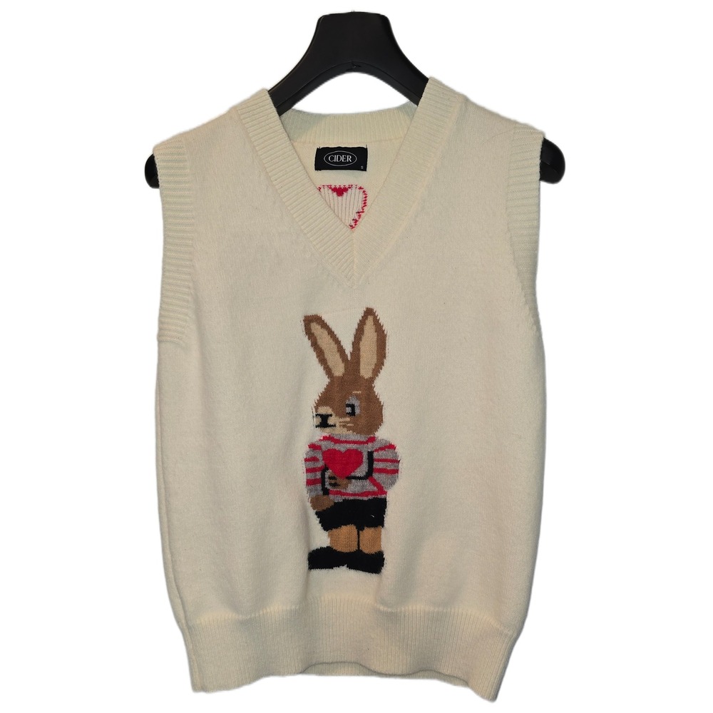 Cider Ivory Knit Bunny Heart Sweater Vest V-Neck‎ Sleeveless Top Small